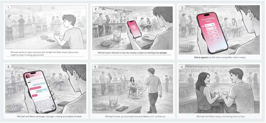 User storyboard: six frames showing Michael at a bar feeling unsure, opening Neareal, seeing Maria as the most compatible match nearby, exchanging quick messages, walking over with confidence, and connecting with her face-to-face.